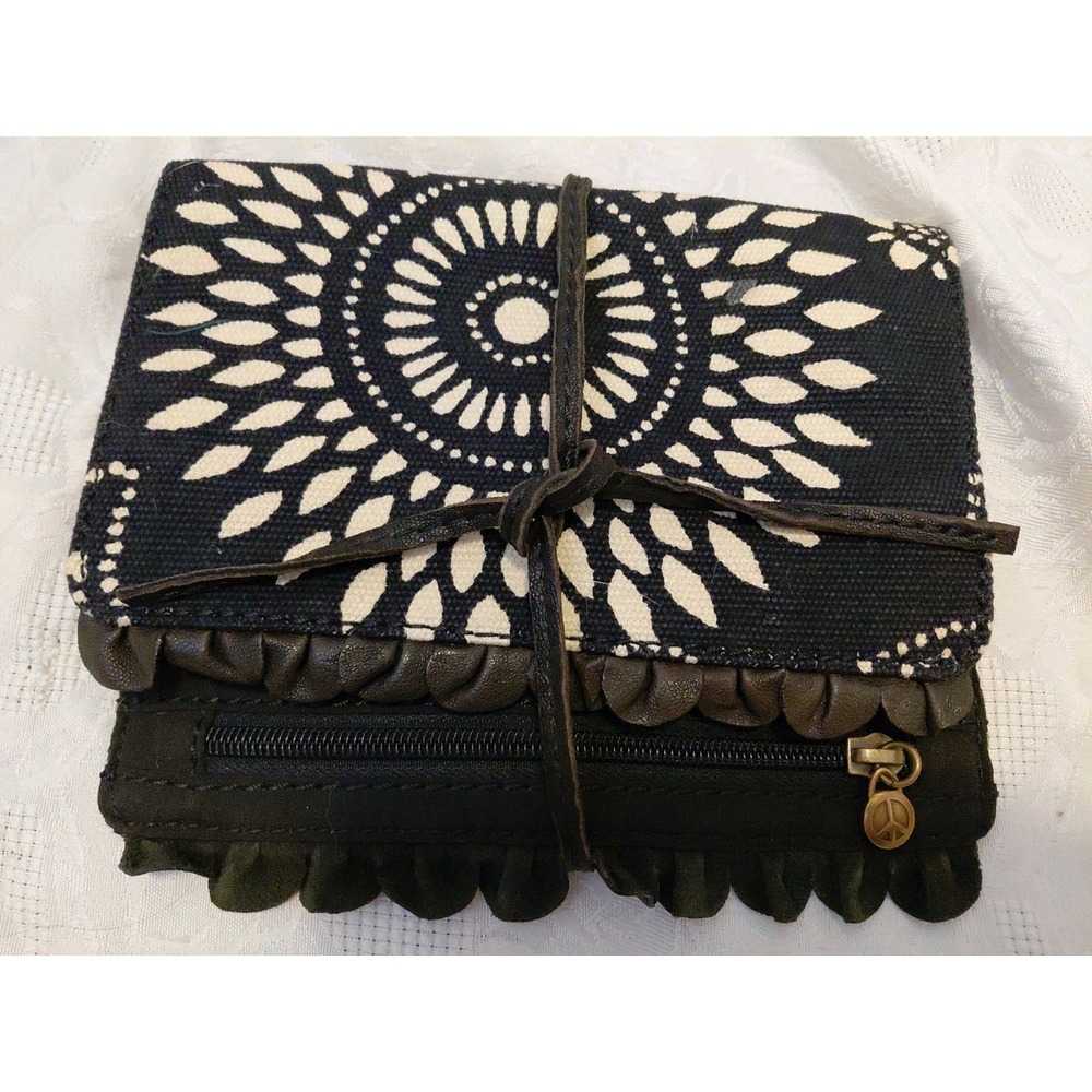 Luck Brand Canvas & Leather Travel Jewelry Organizer Roll Brown Ivory Boho